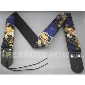 和柄ギターストラップ 扇柄 / 青-黒 京都 西陣織 金襴生地使用 新品 和柄ギターストラップ 波紋様/白 tiny products 京都西陣織 金襴