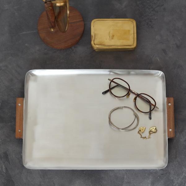アクセサリートレイ トレー 小物入れ 収納 シルバー おしゃれ アルミ 木製 木手付き お盆 S