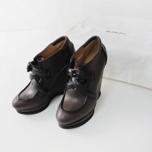 バレンシアガ BALENCIAGA レザー ベルトレースアップ ブーティ 37/ブラウン ウェッジソール【2400013693769】｜tresorstore