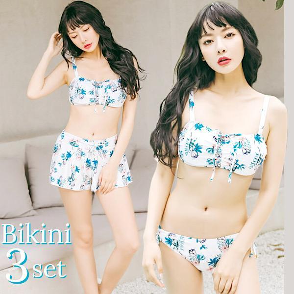 水着 レディース 体型カバー 大きいサイズ ビキニ 3点セット パッド付き セパレート ショートパン...