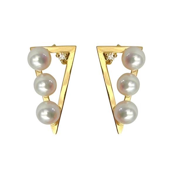 アコヤ真珠 トライアングル 18金 トリプル 3連 3粒 イエローゴールド ピアス ダイヤモンド 両...