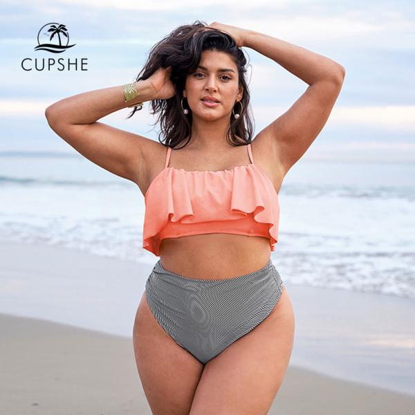 ツーピース 水着 ビキニ ピンク ハイウェスト ラッフル プラスサイズ 大きめ LED 大きめ サイ...