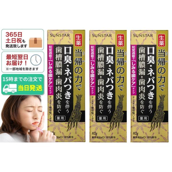 知覚過敏 当帰の力 歯磨き粉 サンスター しみる歯 ケア 薬用塩ハミガキ 生薬 82g ３個セット 