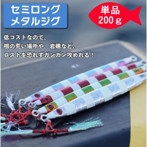 単品販売 メタルジグ 200g  セミロング 左右非対称 ゼブラグロー フロント ティンセル ダブル フック 4色選択 jig ジギング｜tristars