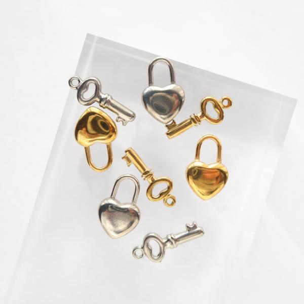 316L サージカルステンレス ハート型 南京錠 鍵 チャーム 2個