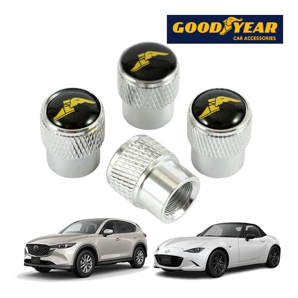 GOODYEAR正規品 エアバルブキャップ 1台分 ウイングフット イエローロゴ シルバー グッドイ...