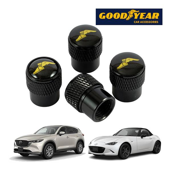 GOODYEAR正規品 エアバルブキャップ 1台分 ウイングフット イエローロゴ ブラック グッドイ...