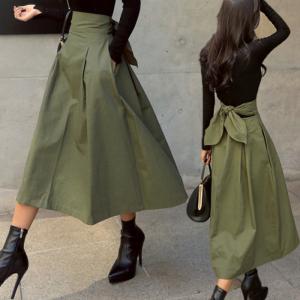 スカート ミモレ丈 ハイウエスト タックスカート バックリボン