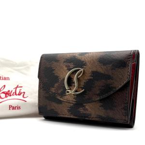 クリスチャンルブタン Christian Louboutin 三つ折り財布 コンパクトウォレット レオパード 豹柄 レザー 本革 茶 夏休み お盆 敬老 秋 ギフト