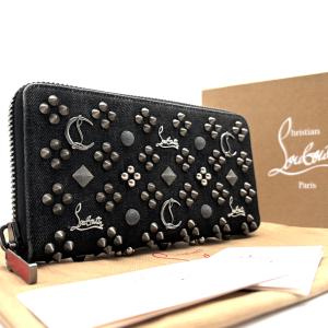 Christian Louboutin クリスチャンルブタン パネトーネ ラウンドファスナー 長財布 デニム ブラック パール スタッズ 極美品