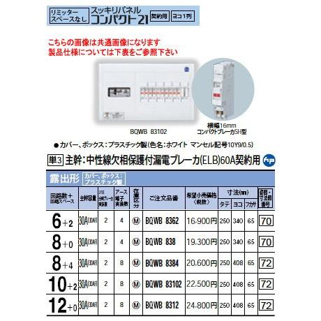 BQWB8384 Panasonic 住宅分電盤 スッキリパネル リミッタースペースなし ヨコ1列タ...