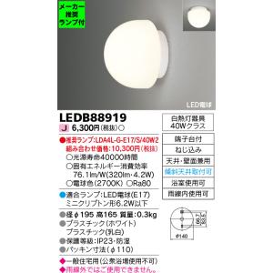 ◆LEDB88919 (推奨ランプセット) LED浴室灯 電球色 天井・壁面兼用 防湿・防雨 傾斜天井対応 白熱灯器具40Wクラス 東芝ライテック 照明器具 浴室 洗面所用