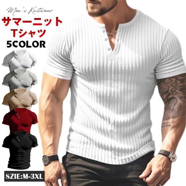 サマーニット メンズ ニットtシャツ 半袖 vネック 半袖ニット