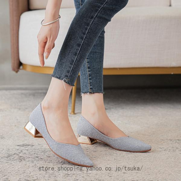 大きいサイズ パンプス 美脚 レディース グリッター 3cmヒール ローヒール チャンキーヒール ポ...