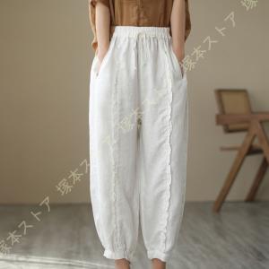 きれいめ リネン ワイド パンツ サルエルパンツ ガウチョパンツ 9分丈 エスニック スカーチョ リラックスパンツ シンプル カジュアル ウエストゴム 楽ちん