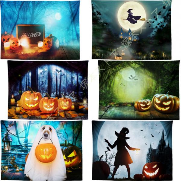 ハロウィンタペストリー かぼちゃ 飾り お城と蝙蝠 怖い お化け屋敷 黒猫 恐ろしい 不気味な雰囲気...