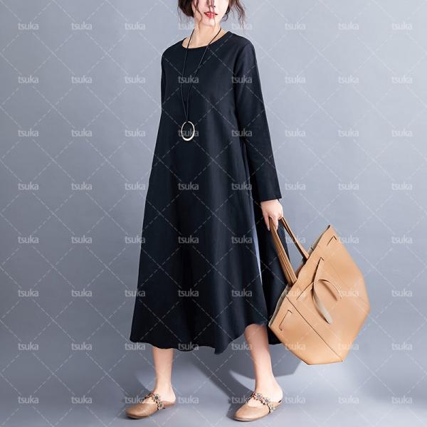 袖 ワンピース レディース ゆったり ロングワンピース 無地 ファッション 綿 麻 カジュアル ロン...