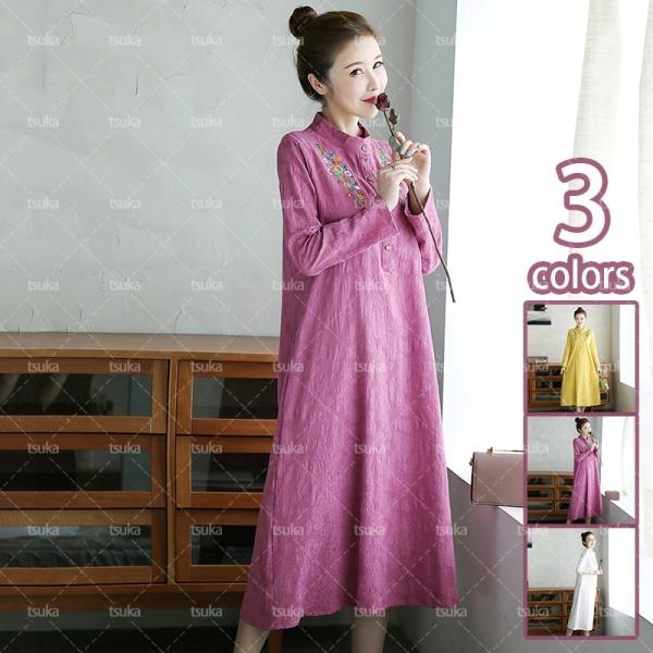 ワンピース 民族風 レディース 綿麻ワンピース 長袖 Vネック マキシ ロング丈 大振り 花柄 カジ...