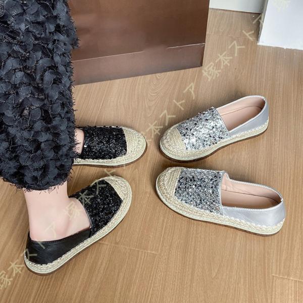 エスパドリーユ レディース スリッポン 厚底 歩きやすい キラキラ スパンコール 黒 白 シルバー ...