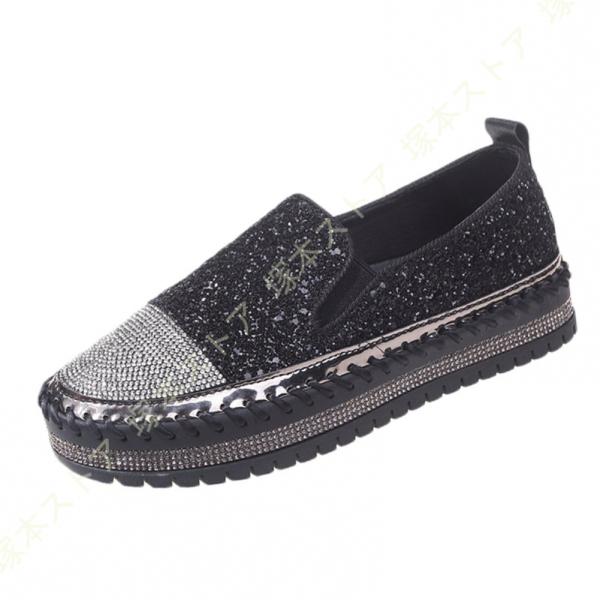 スリッポン エスパドリーユ レディース 歩きやすい 黒 光沢のあるラインストーン 美脚 紐なし ロー...
