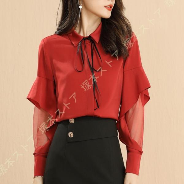 ブラウス レディース 長袖 ハイネック 大きいサイズ 透けにくい ブラウス シフォン スリム トップ...