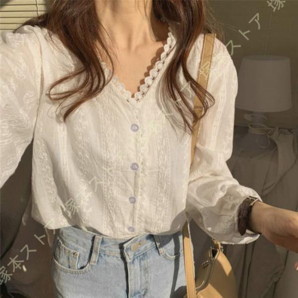 ブラウス レディース 綿シャツ 無地 長袖 Vネック パフスリーブ おしゃれ 着痩せ トップス 女性...