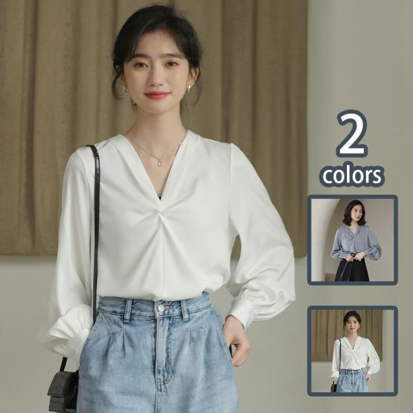 ブラウス シフォン シャツ レディース Vネック トップス おしゃれ 長袖 ビジネス ファッション ...
