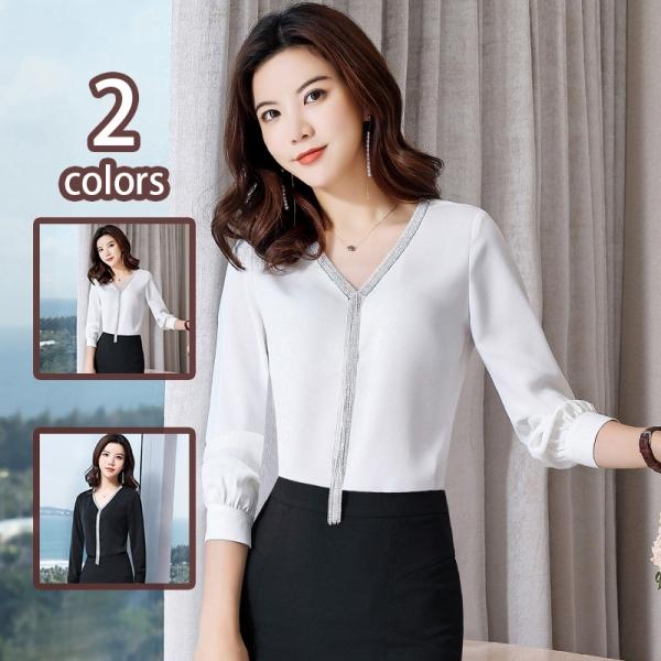 ブラウス レディース シャツ 長袖 Vネック トップス プルオーバー 着痩せ ゆったり 体型カバー ...