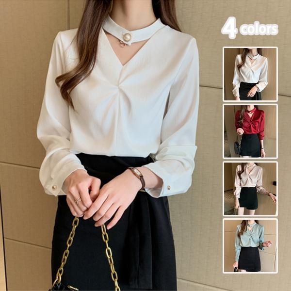 シャツ レディース ブラウス Vネック 春夏 サテン 長袖 着痩せ 体型カバー おしゃれ プルオーバ...