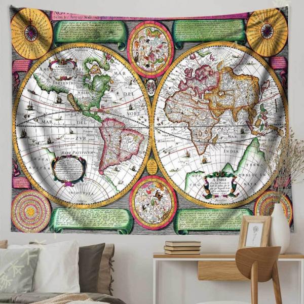 ブラウン世界地図タペストリー ヴィンテージ航海世界地図タペストリー 世界地図 壁掛けタペストリー マ...