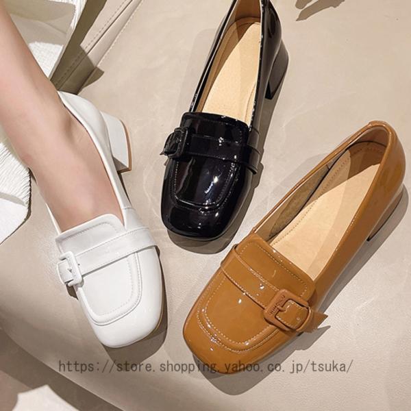 大人シンプルローファー ローファー レディース 靴 シューズ 太ヒール 3.5cm エナメル ローヒ...