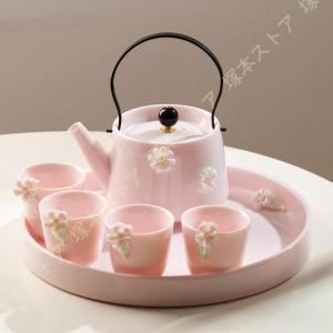 かわいい花柄の茶器5点セット 湯呑 急須 ポット 茶器 オシャレ食器 お洒落 可愛い かわいい 陶器 和食器 食洗機可 業務用 ギフト プレゼント 誕生日 出産祝い｜tsuka