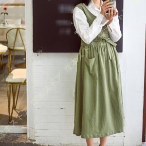 エプロン おしゃれ 女性用 メンズ コットンエプロン 大きいサイズ ワンピース風 ロング丈 肩掛け お尻が隠れる 無地 着脱カンタン ポケット付 レディース