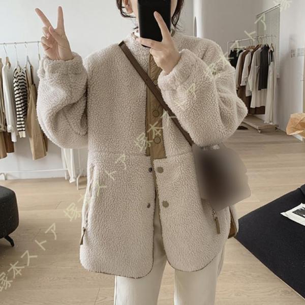 ボアジャケット ボアブルゾン レディース ボアコート ノーカラー ゆったり ムートンコート 防寒 暖...