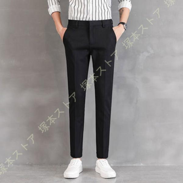 スラックス メンズ 裾上げ済 秋 春 薄手 ビジネススラックス 黒 スリム ノータック ストレート ...