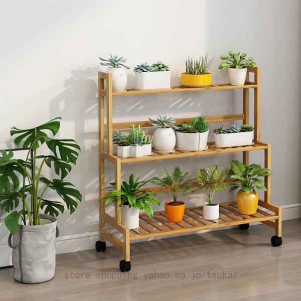 フラワースタンド 室内 屋外 ガーデンラック 4段 キャスター付き 移動ラクラク 風通しいい 竹製フ...