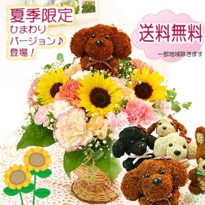 送料無料　リボンでおめかししたプードルちゃん　フラワーアレンジメント　花 ギフト　誕生日 プレゼント