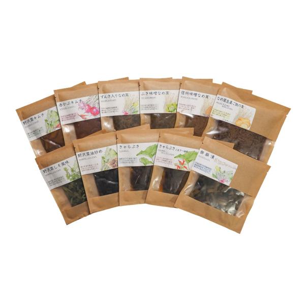 小袋惣菜（野沢菜キムチ、赤かぶキムチ、すんき入り・信州味噌・ふき味噌なめ茸、きゃらぶき、野沢菜油炒め...