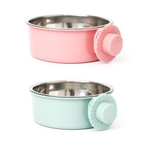TVETE ペット ケージ 水飲み皿 うさぎ 餌入れ ペット用給餌ボウル 2個入り 12cm ピンク+グリーン ステンレス製 吊り下げ式 固