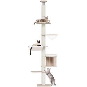 OROPY キャットタワー 突っ張り 木製 スリム 宇宙船ハンモック付き 多頭飼い 猫タワー 省スペース 運動不足解消 隠れ家 12cm極太｜小林堂屋