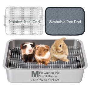 MEEXPAWS ギニアブタのステンレス鋼のゴミ箱,上げられたグリッドと洗い込みパッド,小さなウサギゴミ箱パン高い側面,フェレットネズミゴミ