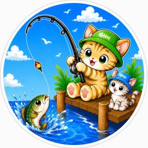 釣り猫ステッカー 茶トラネコ親子 Lサイズ（約10cm）TS-310｜防水ラミネート加工｜日本製｜シール｜メール便可 (SP)