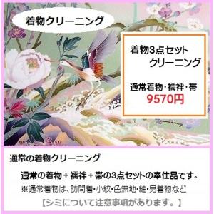 着物3点セットクリーニング9570円　料金内で衿など下洗いしみ抜きをしてから丸洗いをしますので綺麗な仕上がりです。