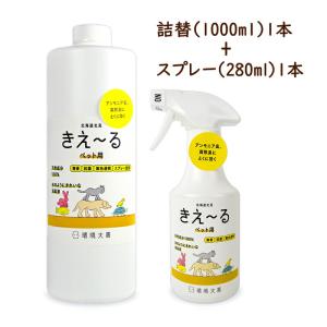 環境ダイゼン きえーるH ペット用 スプレーボトル 280ml + 詰替え用 1L 無香 消臭剤｜tsutsu-uraura