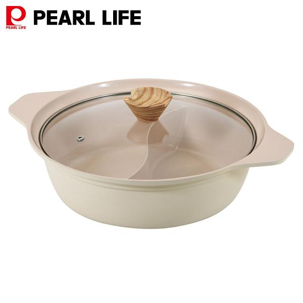 パール金属 鍋 卓上鍋 二色鍋28cm 内面セラミック加工 IH対応 ガス火対応 ガラス蓋付 フィオ...