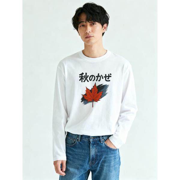 ユニセックス 日本語デザイン メープルリーフ 長袖Tシャツ コットン100% カジュアル カットソー...