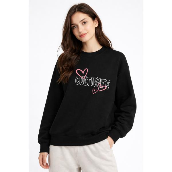 スウェットシャツ ホワイト/ブラック ハートデザイン クルーネック V00083