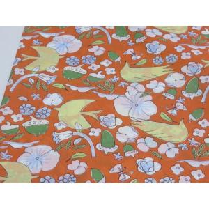 【在庫限り】 １ｍ単位 アウトレット50% フラワー＆バード オレンジ 60ローン生地 メーカー処分品 108cm幅 日本製 綿100％ コットン 薄手 プリント生地 服地