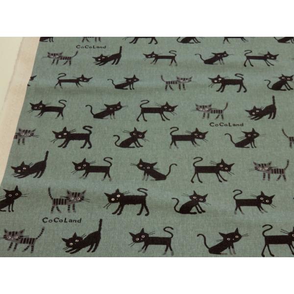 ココランド 黒猫とキジ猫 グリーン 綿麻キャンバス 安い おしゃれ 布地 かわいい 生地 手芸 入園...