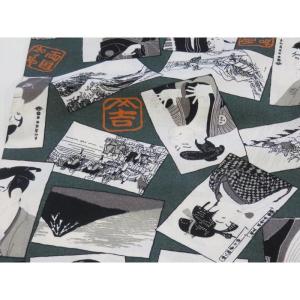 【10cm単位】 和柄 浮世絵 グリーン スケア生地 108cm幅 日本製 綿100％ コットン 布 薄手 切り売り 入園入学 ハンドメイド 浴衣 甚平 巾着袋